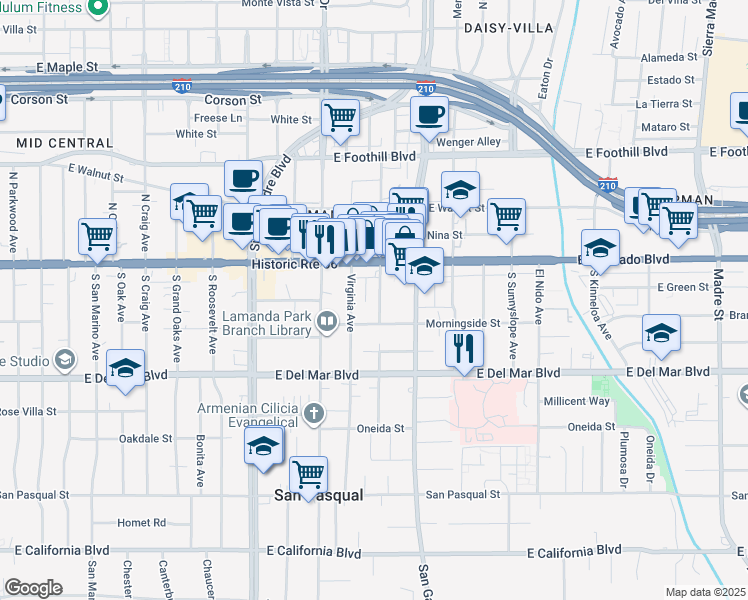 map of restaurants, bars, coffee shops, grocery stores, and more near 67 South Vinedo Avenue in Pasadena