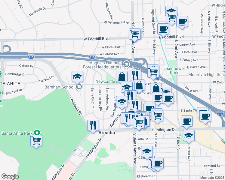 map of restaurants, bars, coffee shops, grocery stores, and more near 400 San Antonio Road in Arcadia