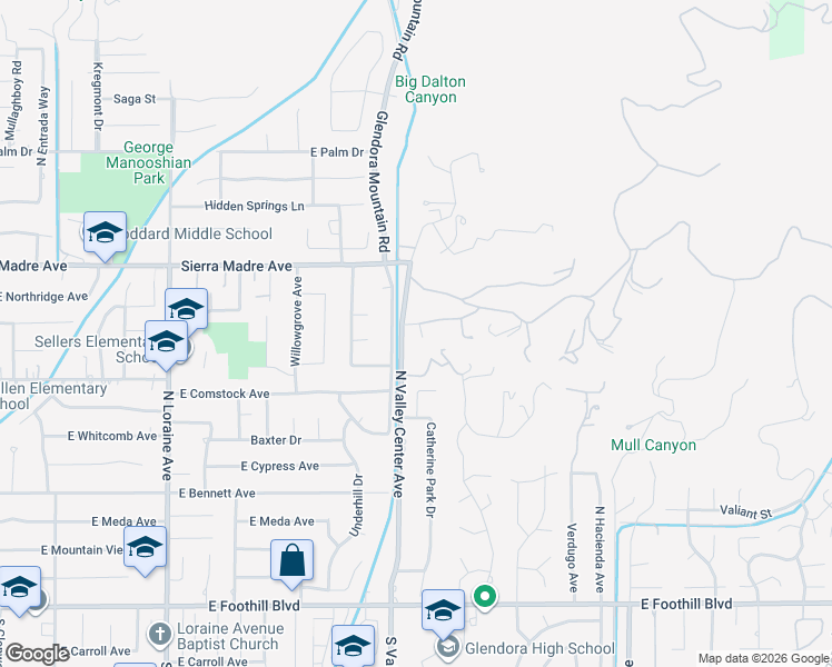 map of restaurants, bars, coffee shops, grocery stores, and more near 1620 Bluebird Road in Glendora