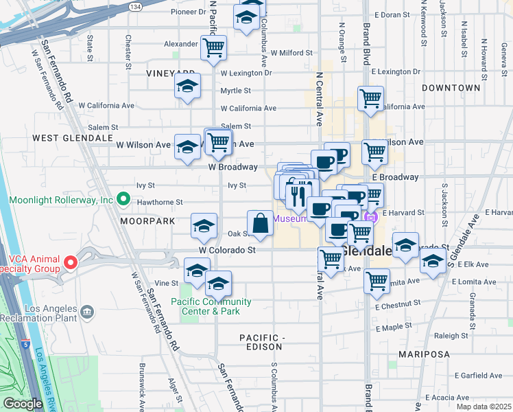 map of restaurants, bars, coffee shops, grocery stores, and more near 422 Hawthorne Street in Glendale