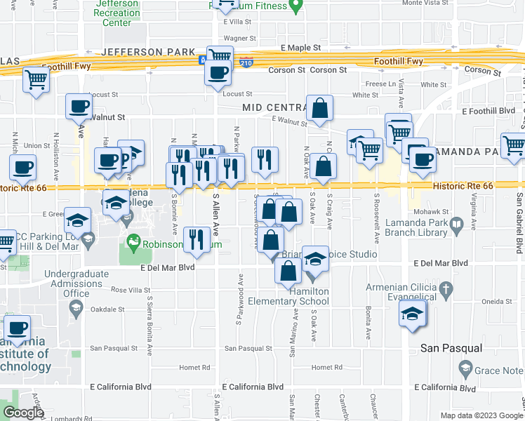 map of restaurants, bars, coffee shops, grocery stores, and more near 72 South Greenwood Avenue in Pasadena