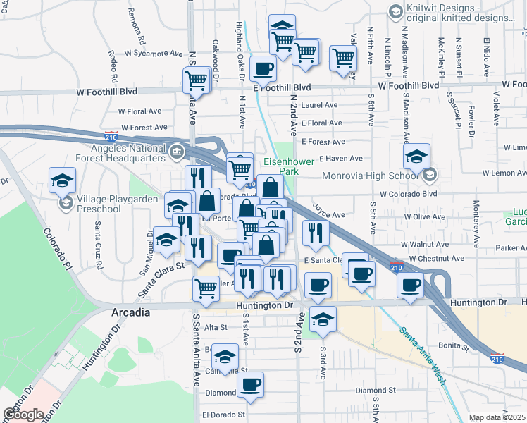 map of restaurants, bars, coffee shops, grocery stores, and more near 118 La Porte Street in Arcadia