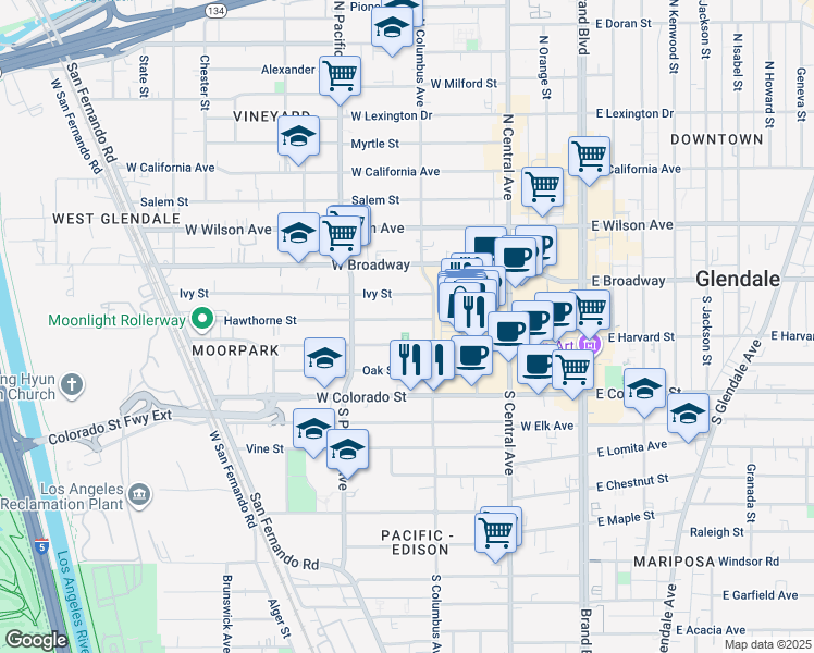 map of restaurants, bars, coffee shops, grocery stores, and more near 422 Hawthorne Street in Glendale