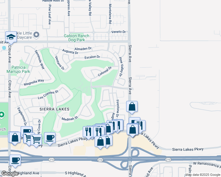 map of restaurants, bars, coffee shops, grocery stores, and more near 6027 Hilton Head Lane in Fontana