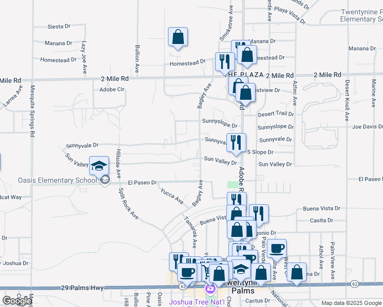 map of restaurants, bars, coffee shops, grocery stores, and more near 73538 Sun Valley Drive in Twentynine Palms