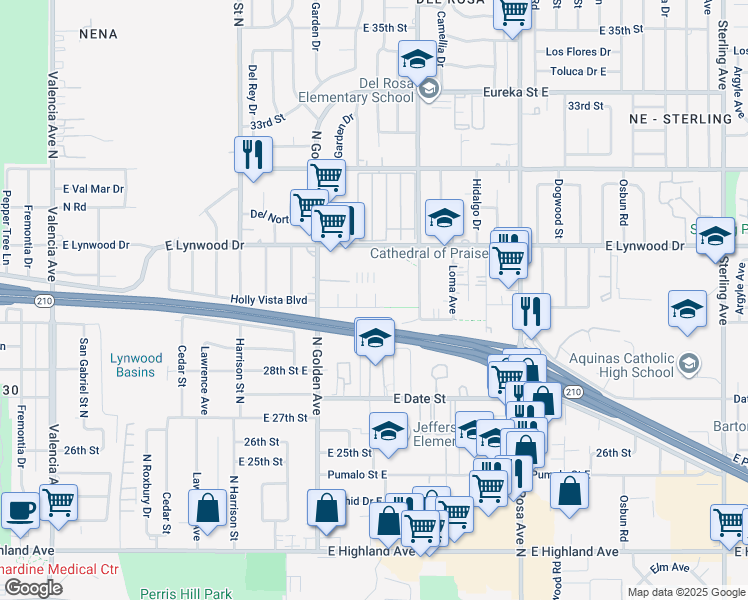 map of restaurants, bars, coffee shops, grocery stores, and more near 1317 Holly Vista Boulevard in San Bernardino
