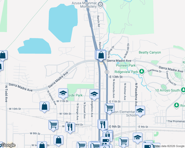 map of restaurants, bars, coffee shops, grocery stores, and more near 350 West Annandale Lane in Azusa