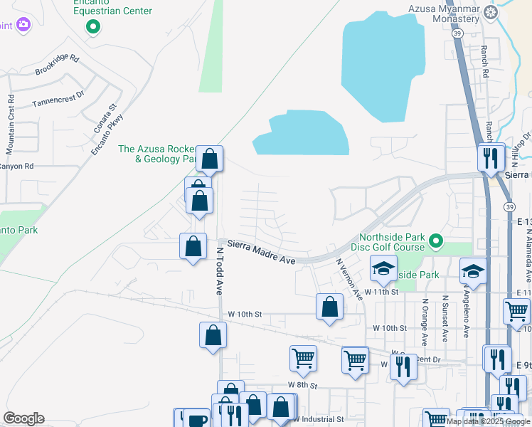 map of restaurants, bars, coffee shops, grocery stores, and more near 1260 Avenue Conejo in Azusa