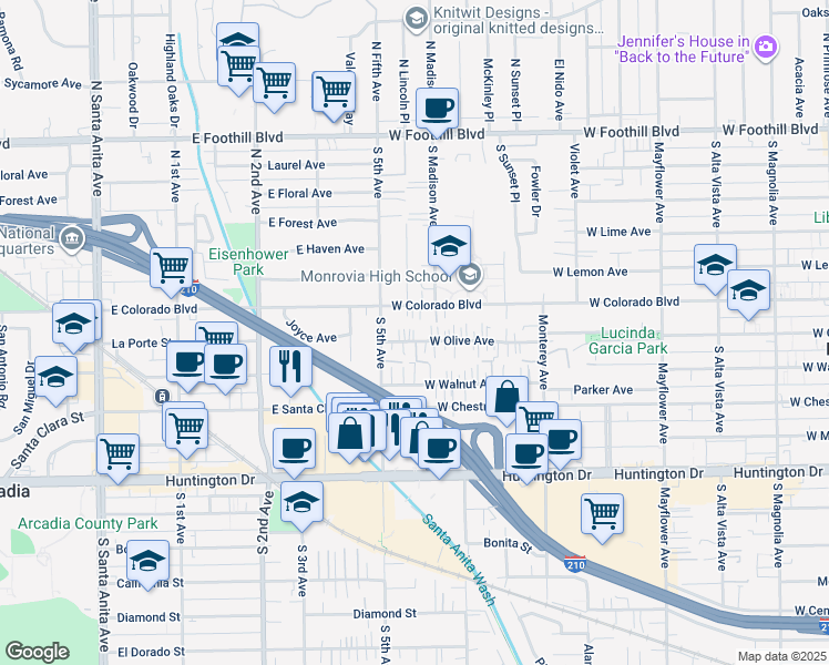 map of restaurants, bars, coffee shops, grocery stores, and more near 940 West Olive Avenue in Monrovia