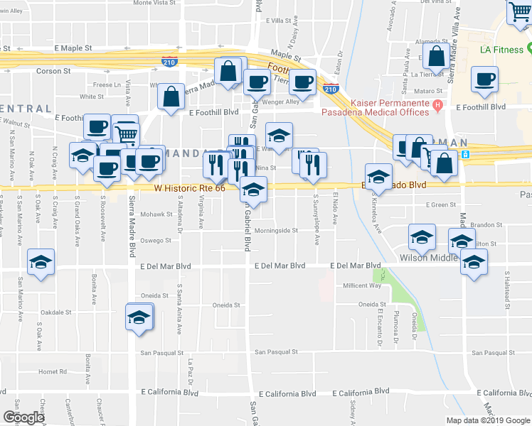 map of restaurants, bars, coffee shops, grocery stores, and more near 83 South Daisy Avenue in Pasadena