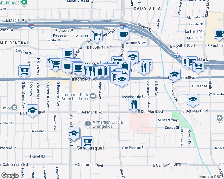 map of restaurants, bars, coffee shops, grocery stores, and more near 91 South San Gabriel Boulevard in Pasadena