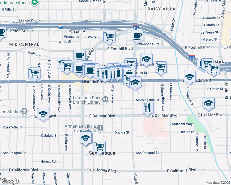 map of restaurants, bars, coffee shops, grocery stores, and more near 83 South Vinedo Avenue in Pasadena