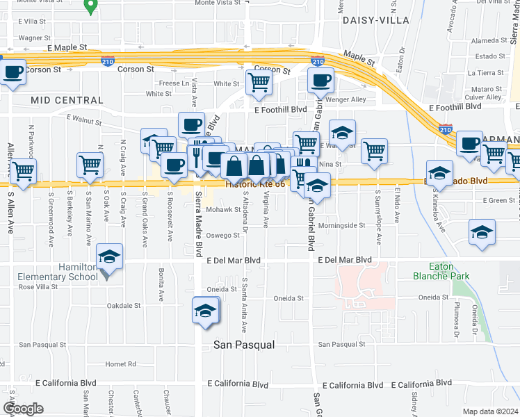 map of restaurants, bars, coffee shops, grocery stores, and more near 79 Virginia Avenue in Pasadena