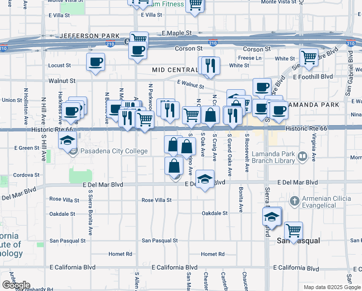 map of restaurants, bars, coffee shops, grocery stores, and more near 83 South San Marino Avenue in Pasadena