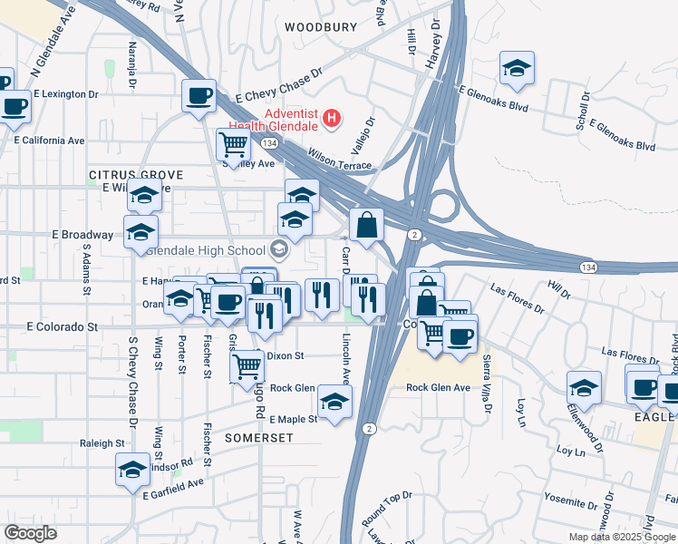 map of restaurants, bars, coffee shops, grocery stores, and more near 1527 East Harvard Street in Glendale