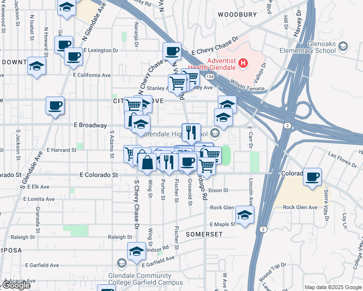map of restaurants, bars, coffee shops, grocery stores, and more near 1339 East Harvard Street in Glendale