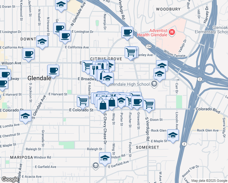 map of restaurants, bars, coffee shops, grocery stores, and more near 1215 East Harvard Street in Glendale