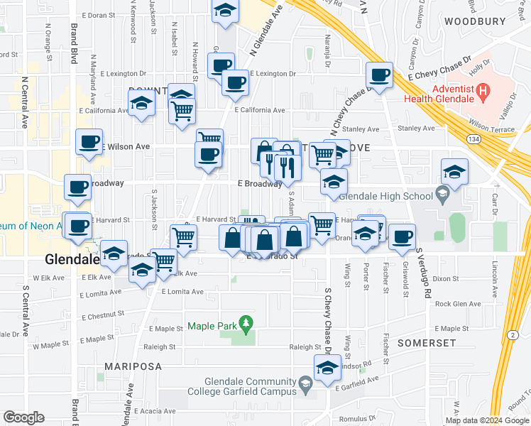 map of restaurants, bars, coffee shops, grocery stores, and more near 908 East Harvard Street in Glendale