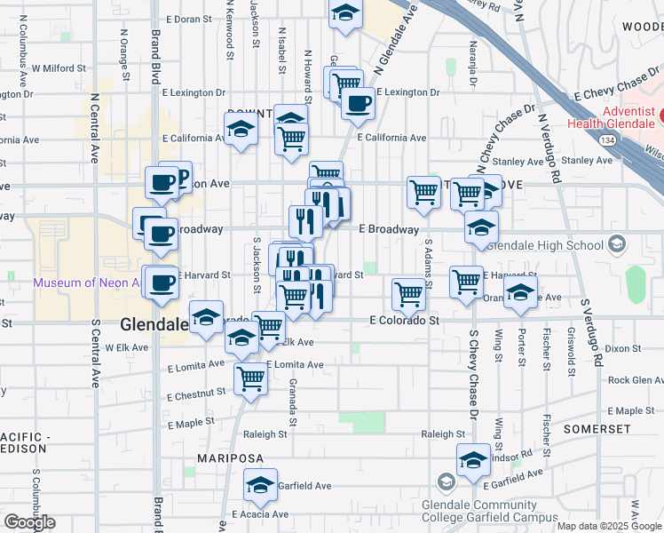 map of restaurants, bars, coffee shops, grocery stores, and more near 701 East Harvard Street in Glendale