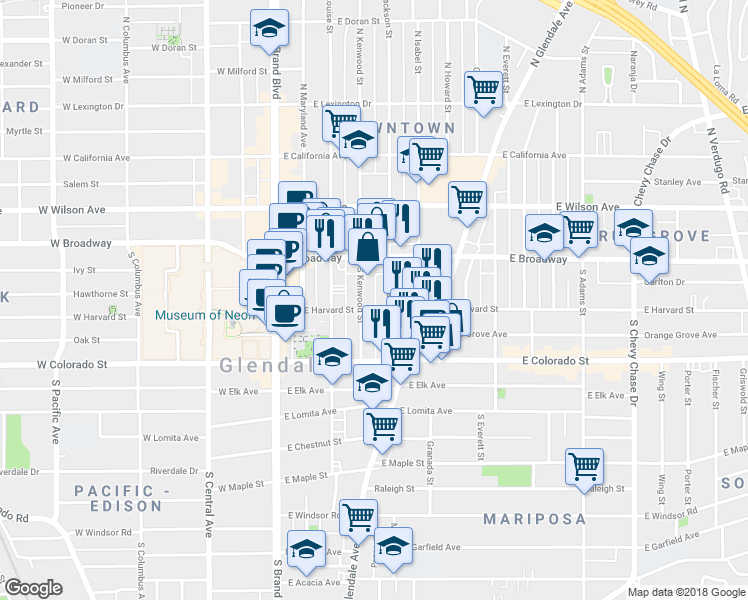 map of restaurants, bars, coffee shops, grocery stores, and more near 409 East Harvard Street in Glendale