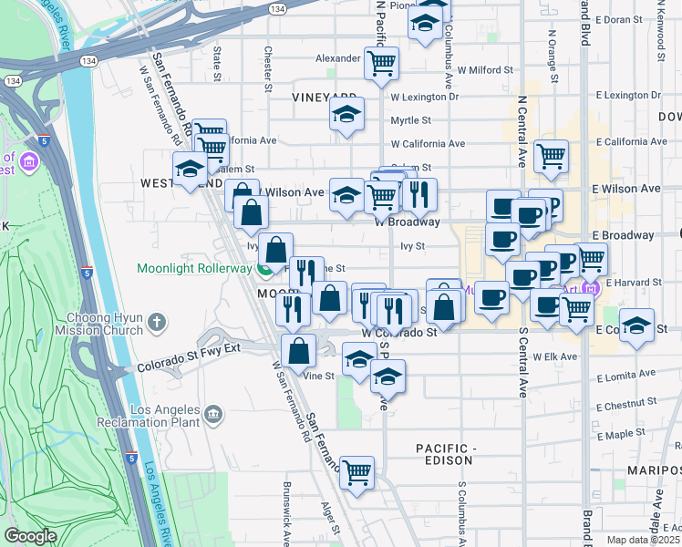 map of restaurants, bars, coffee shops, grocery stores, and more near 539 West Harvard Street in Glendale