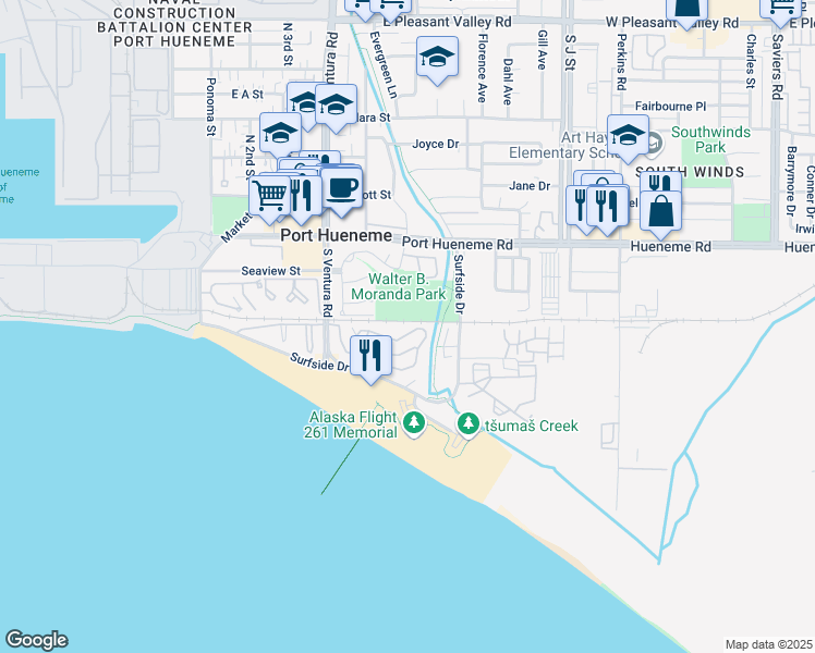 map of restaurants, bars, coffee shops, grocery stores, and more near 623 Island View Circle in Port Hueneme