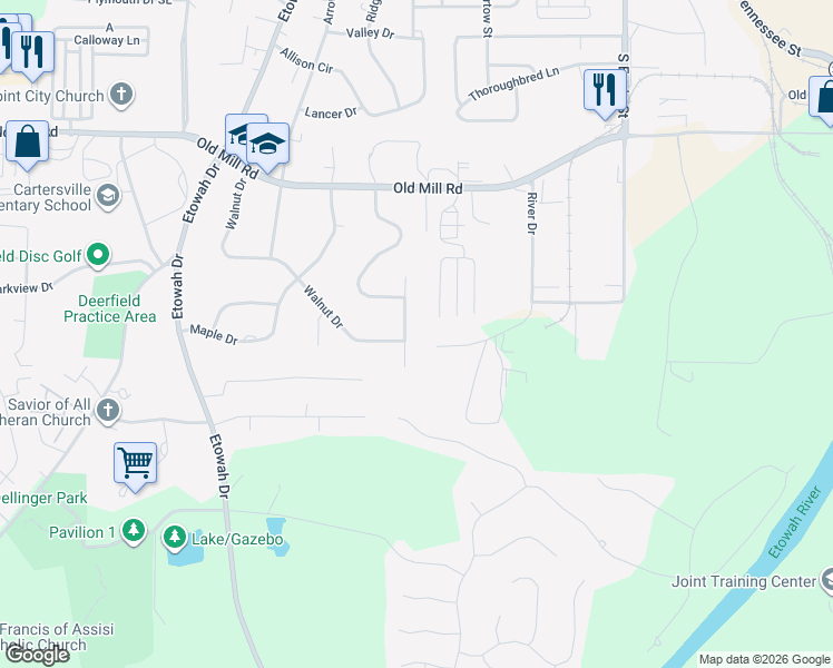 map of restaurants, bars, coffee shops, grocery stores, and more near 14 Alpine Drive in Cartersville