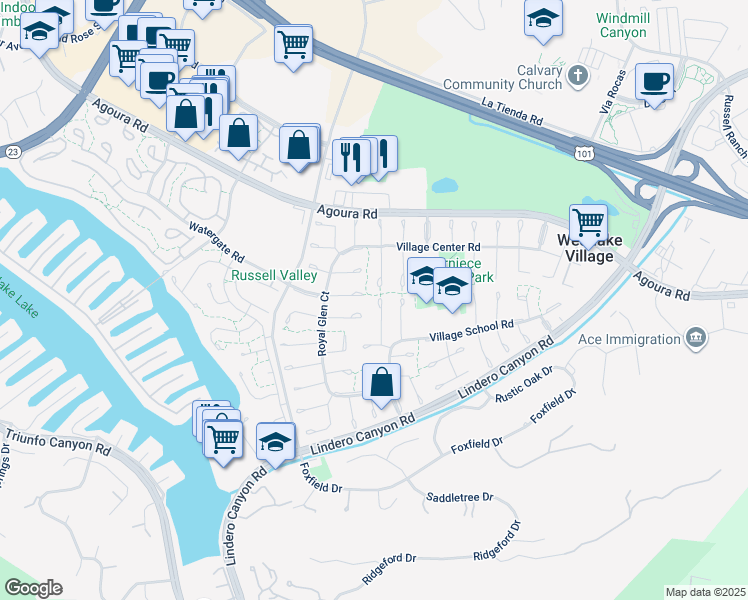 map of restaurants, bars, coffee shops, grocery stores, and more near 4323 Beaucroft Court in Westlake Village