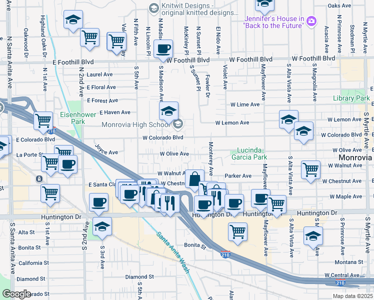 map of restaurants, bars, coffee shops, grocery stores, and more near 819 West Olive Avenue in Monrovia