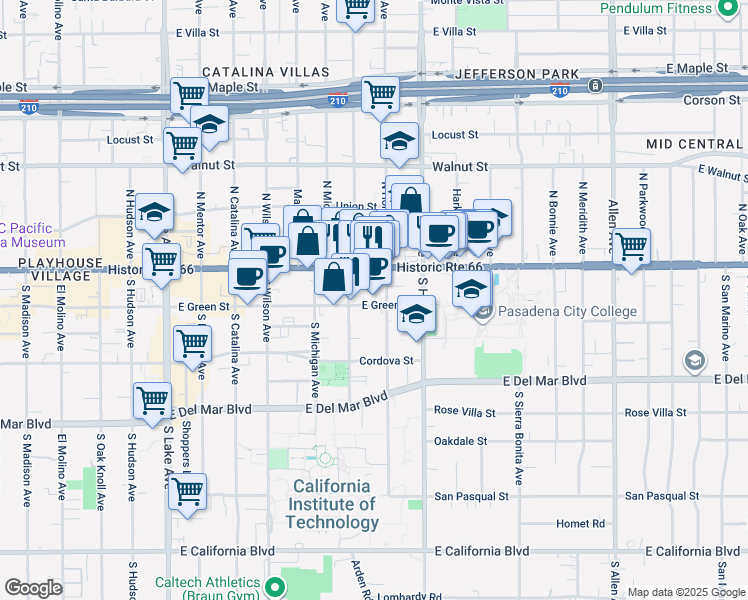map of restaurants, bars, coffee shops, grocery stores, and more near 1299 East Green Street in Pasadena