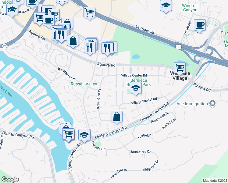 map of restaurants, bars, coffee shops, grocery stores, and more near 4323 Beaucroft Court in Westlake Village