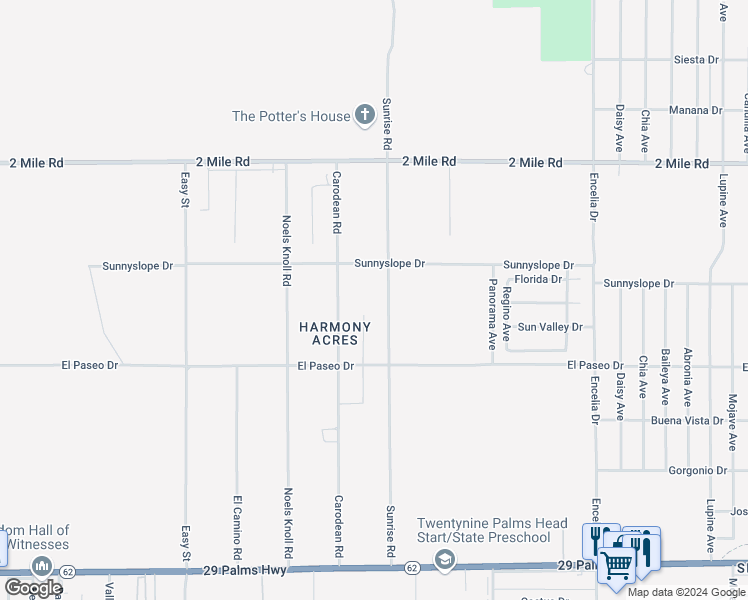map of restaurants, bars, coffee shops, grocery stores, and more near 5960 Sunrise Road in Twentynine Palms