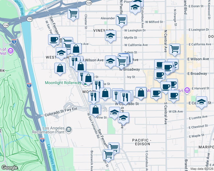 map of restaurants, bars, coffee shops, grocery stores, and more near 600 Hawthorne Street in Glendale