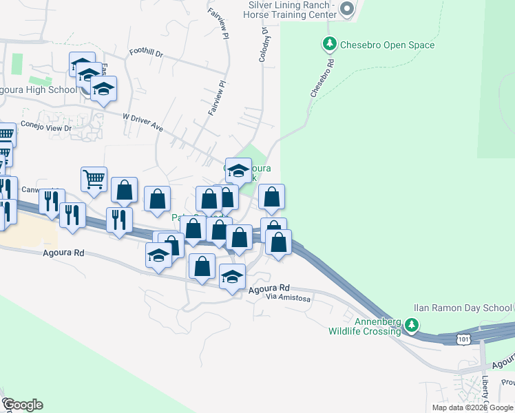 map of restaurants, bars, coffee shops, grocery stores, and more near 5250 Chesebro Road in Agoura Hills