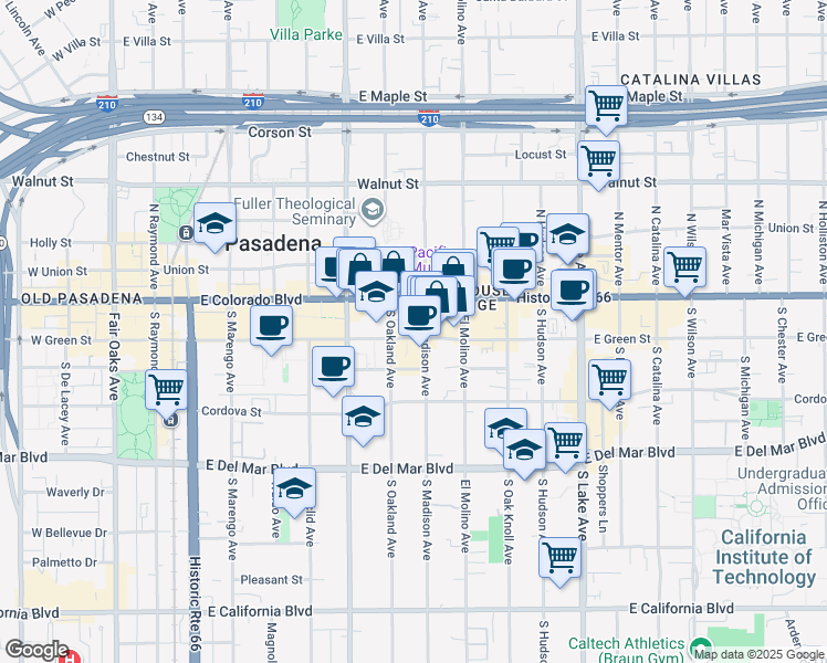 map of restaurants, bars, coffee shops, grocery stores, and more near 570 East Green Street in Pasadena