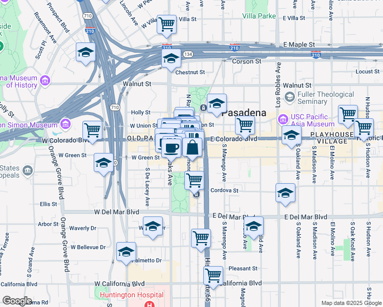 map of restaurants, bars, coffee shops, grocery stores, and more near in Pasadena