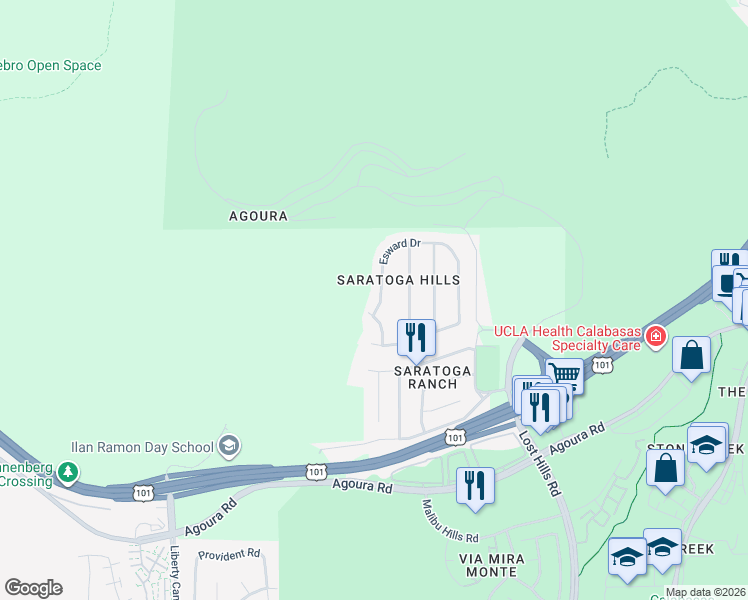 map of restaurants, bars, coffee shops, grocery stores, and more near 27093 Esward Drive in Agoura Hills