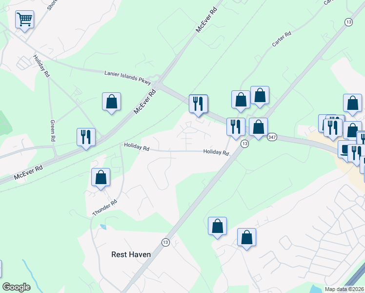 map of restaurants, bars, coffee shops, grocery stores, and more near 319 Slate Court in Buford