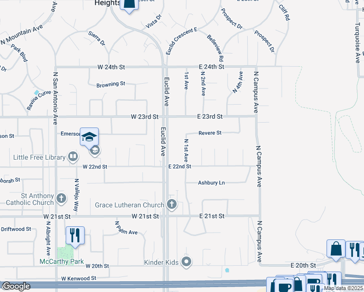 map of restaurants, bars, coffee shops, grocery stores, and more near 2241 North 1st Avenue in Upland