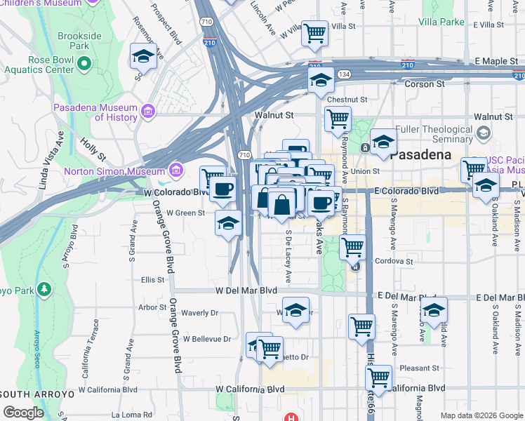 map of restaurants, bars, coffee shops, grocery stores, and more near 141 West Green Street in Pasadena