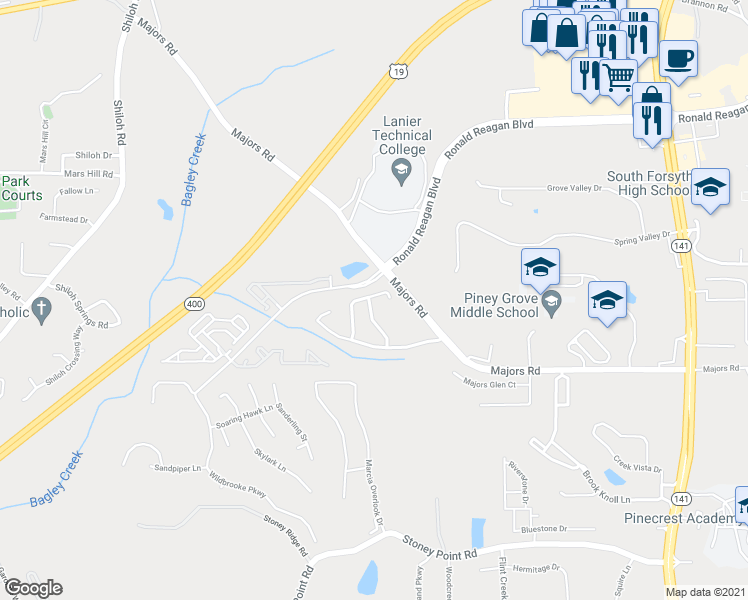 map of restaurants, bars, coffee shops, grocery stores, and more near 8270 Scuffle Bridge Lane in Cumming