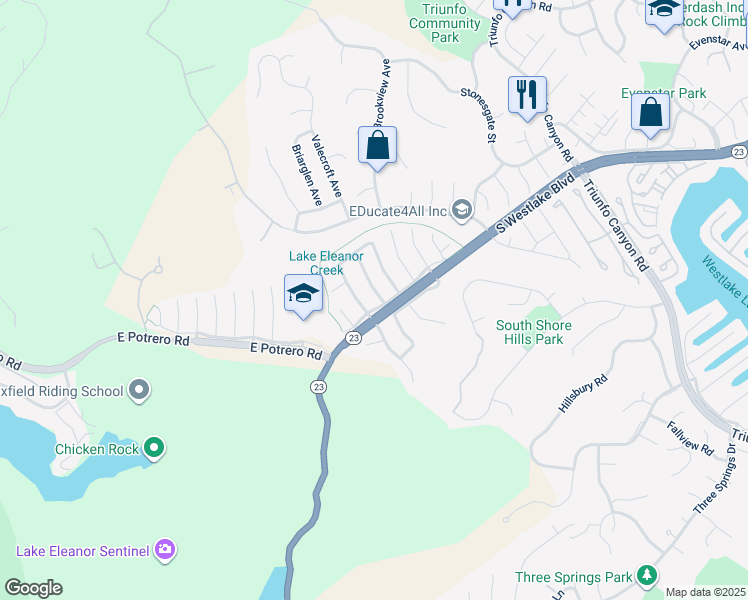 map of restaurants, bars, coffee shops, grocery stores, and more near 1581 Covington Avenue in Westlake Village