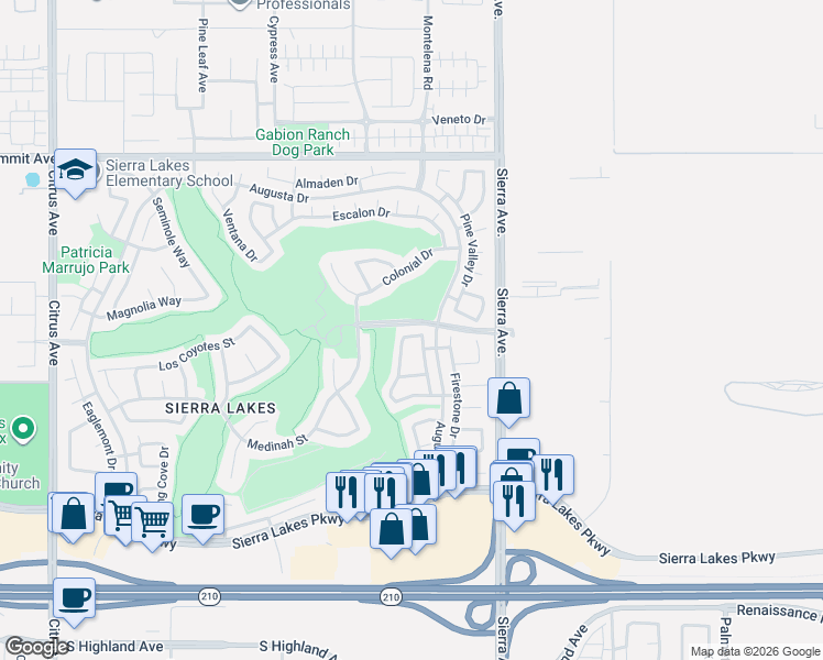 map of restaurants, bars, coffee shops, grocery stores, and more near 6027 Hilton Head Lane in Fontana