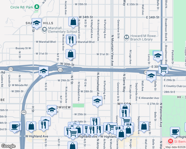 map of restaurants, bars, coffee shops, grocery stores, and more near 340 West 29th Street in San Bernardino