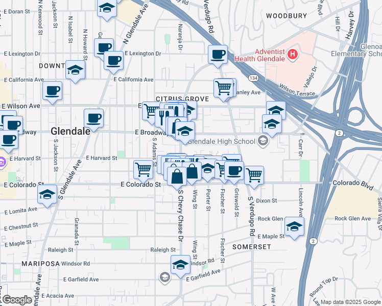 map of restaurants, bars, coffee shops, grocery stores, and more near 1217 East Harvard Street in Glendale