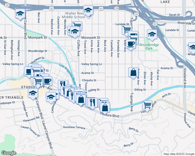 map of restaurants, bars, coffee shops, grocery stores, and more near 11565 Chiquita Street in Los Angeles