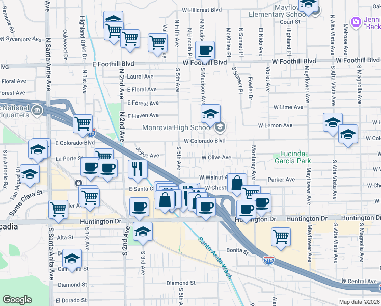 map of restaurants, bars, coffee shops, grocery stores, and more near 919 West Olive Avenue in Monrovia