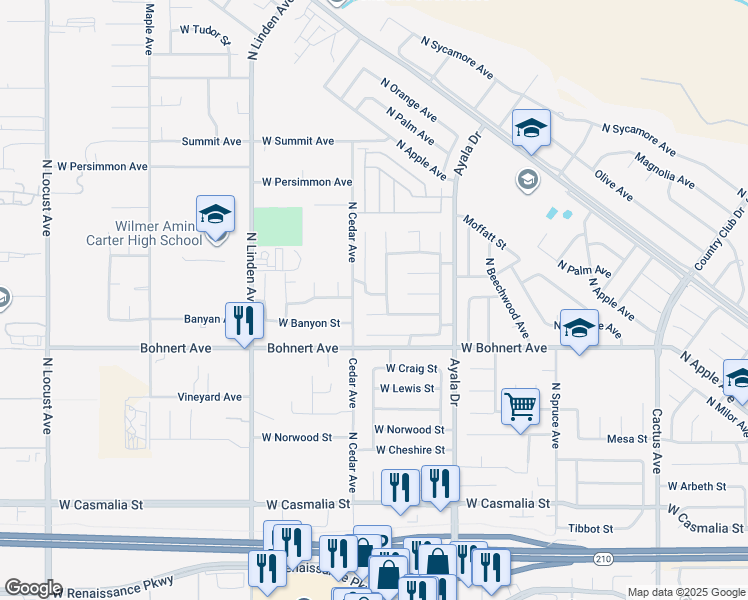 map of restaurants, bars, coffee shops, grocery stores, and more near 1267 Wildflower Street in Rialto