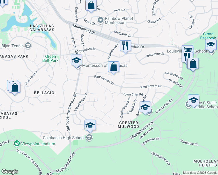 map of restaurants, bars, coffee shops, grocery stores, and more near 4168 Towhee Drive in Calabasas