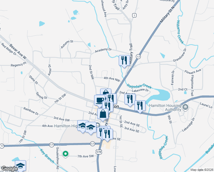 map of restaurants, bars, coffee shops, grocery stores, and more near 246 1st Street Northwest in Hamilton